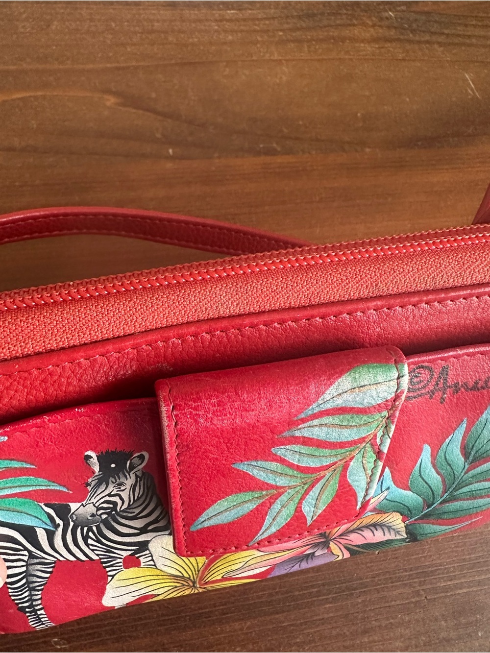 Anuschka Hand Painted Red Zebra & Tropical Floral Crossbody Wristlet Bag - Picture 5 of 16